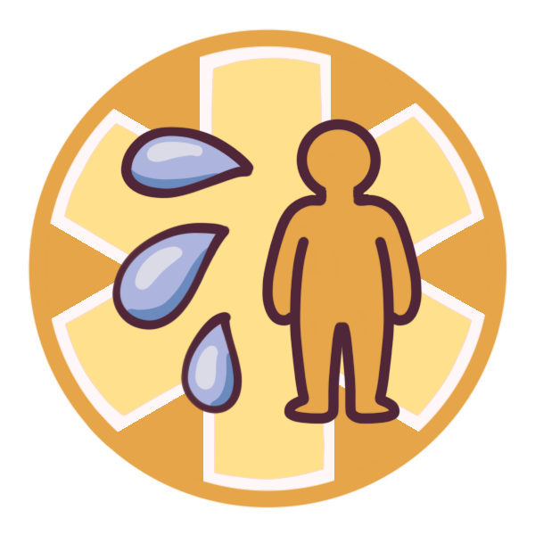 a yellow circle with a large medical alert asterisk inside it, and a yellow person with three big sweat drops pictured in the center.